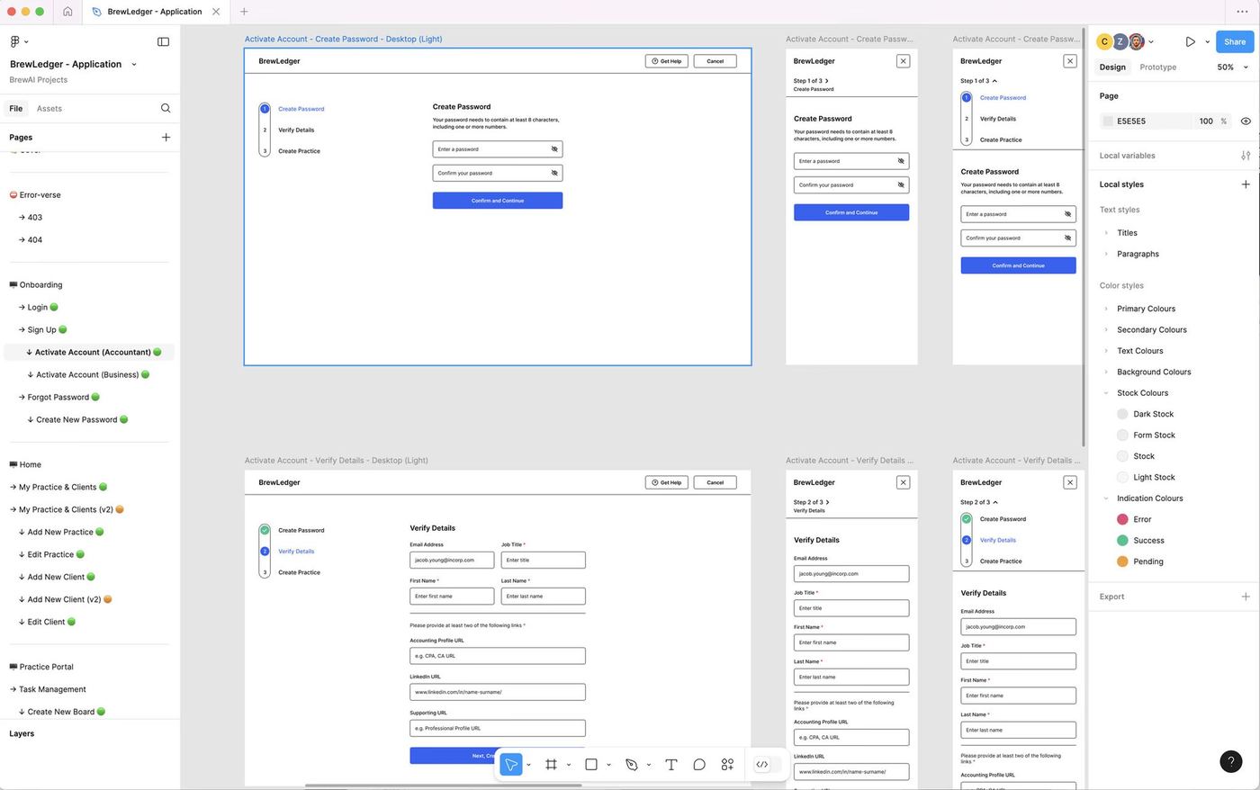 Activate Account wireframes
