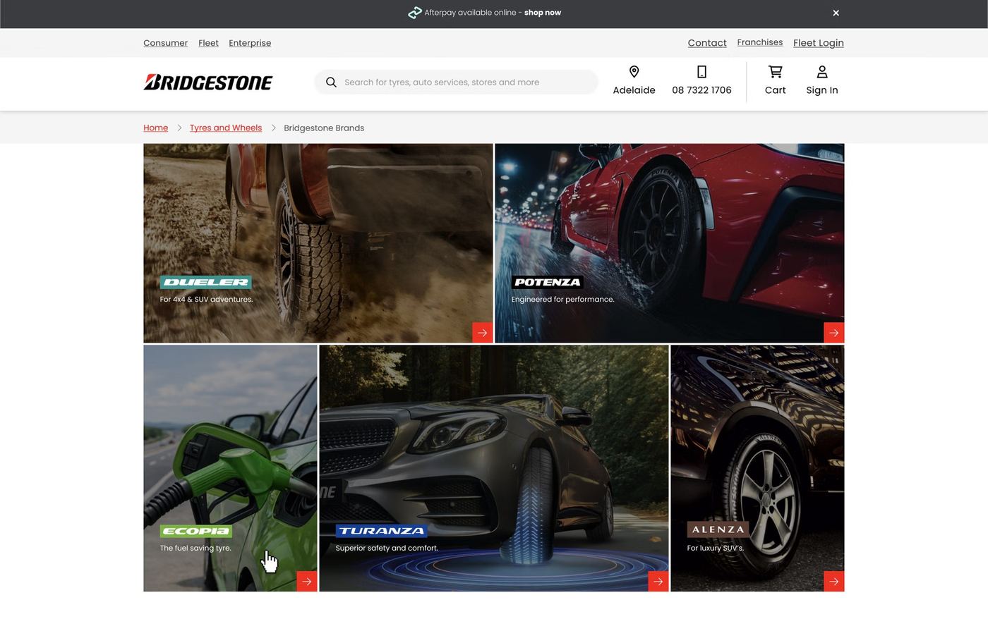 Desktop Bridgestone brands landing page