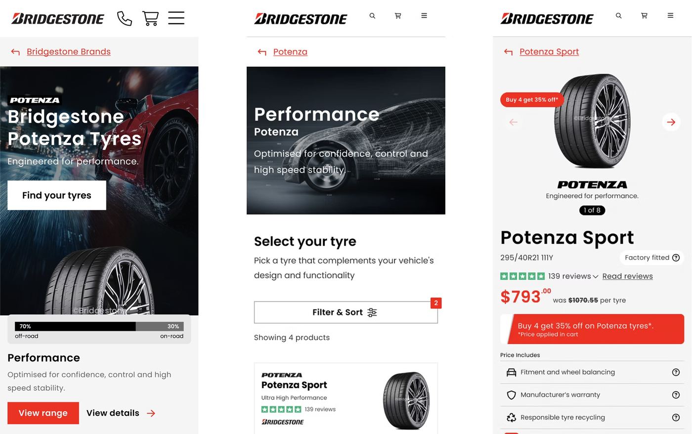 Mobile Potenza tyre selection flow