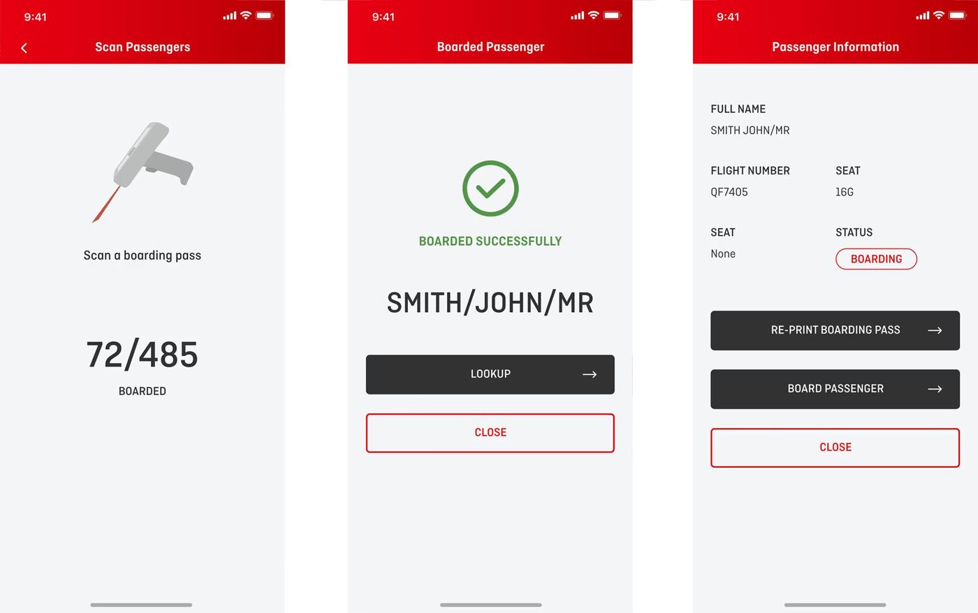 Scan Passengers, Boarded Passenger, and Passenger Information mobile designs