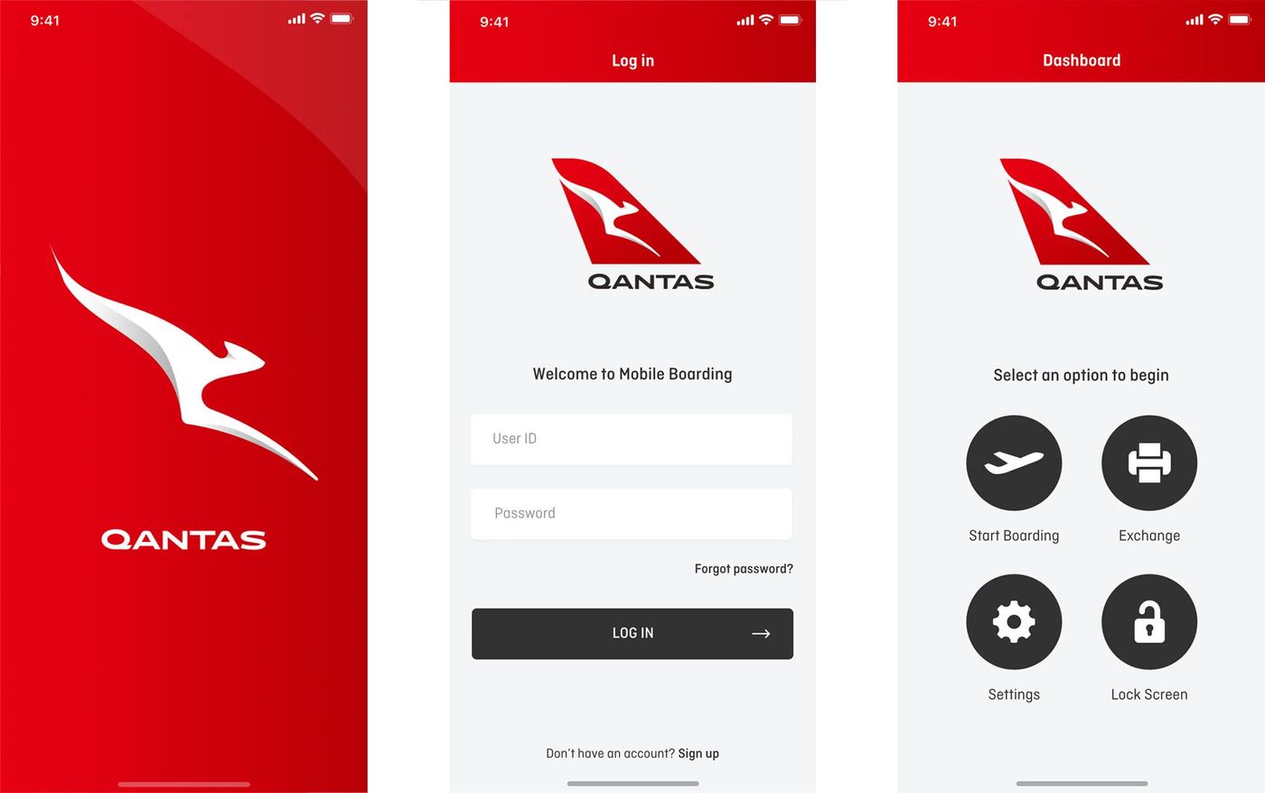 Splash, log in, and dashboard mobile designs