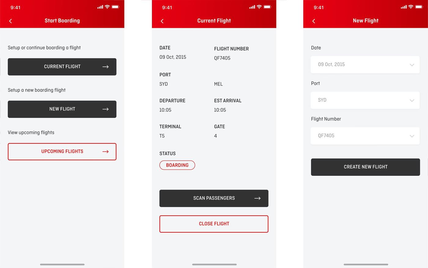 Start Boarding, Current Flight, and New Flight mobile designs